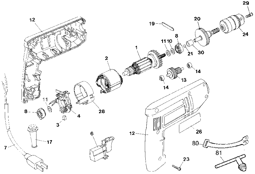 Exploded Diagram A Diagram and Parts List for 7153-38 Type 1 Black and Decker Drill